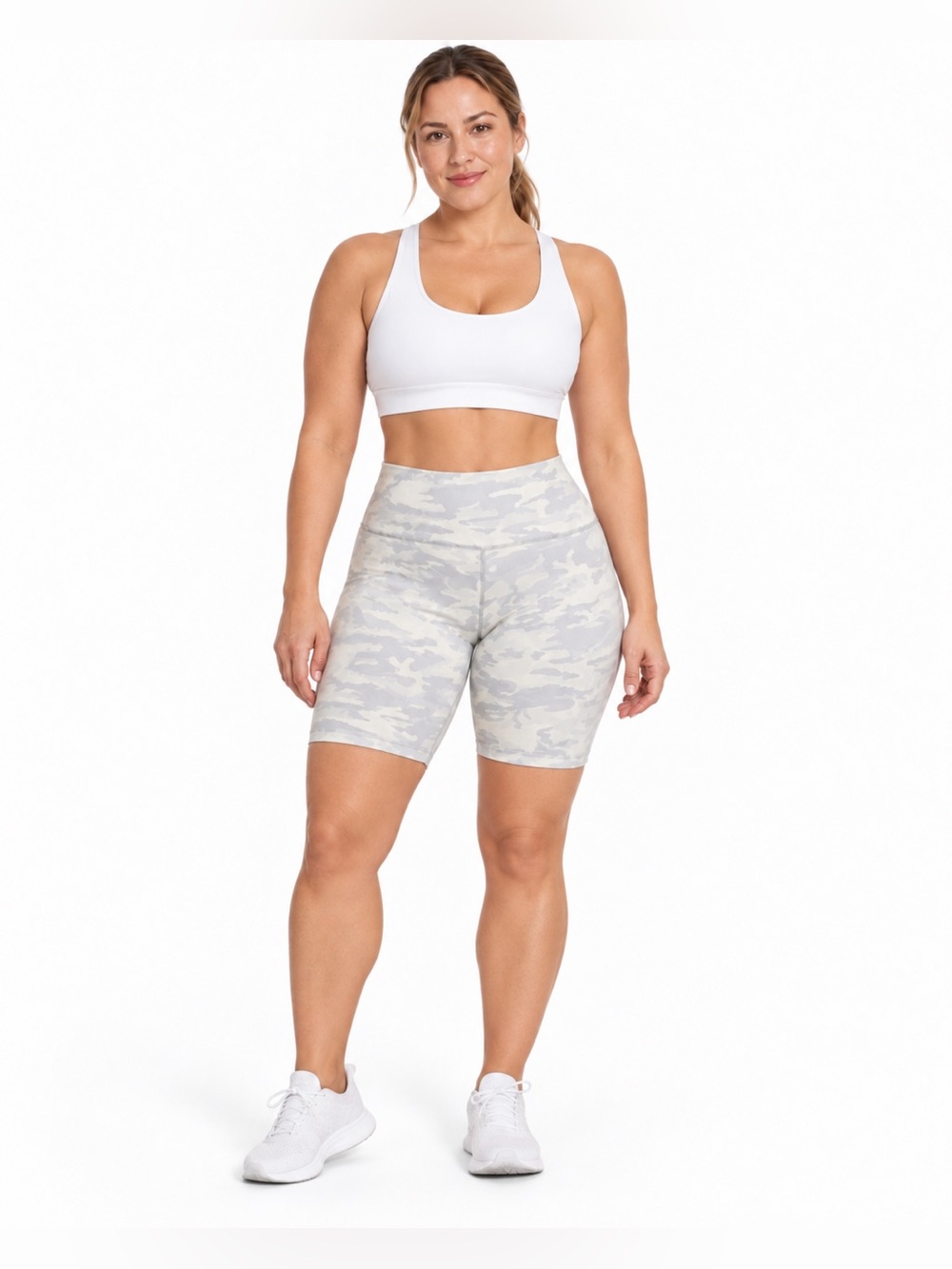 Lululemon Women’s High-Rise Camo Biker Shorts – Light Grey/White – Size 14